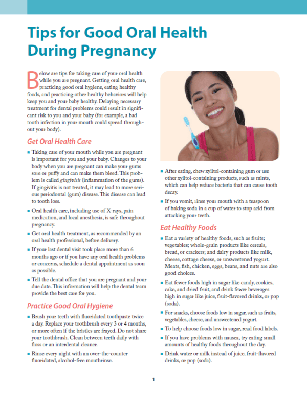 Oral health tips for pregnancy, smiling woman brushing teeth.